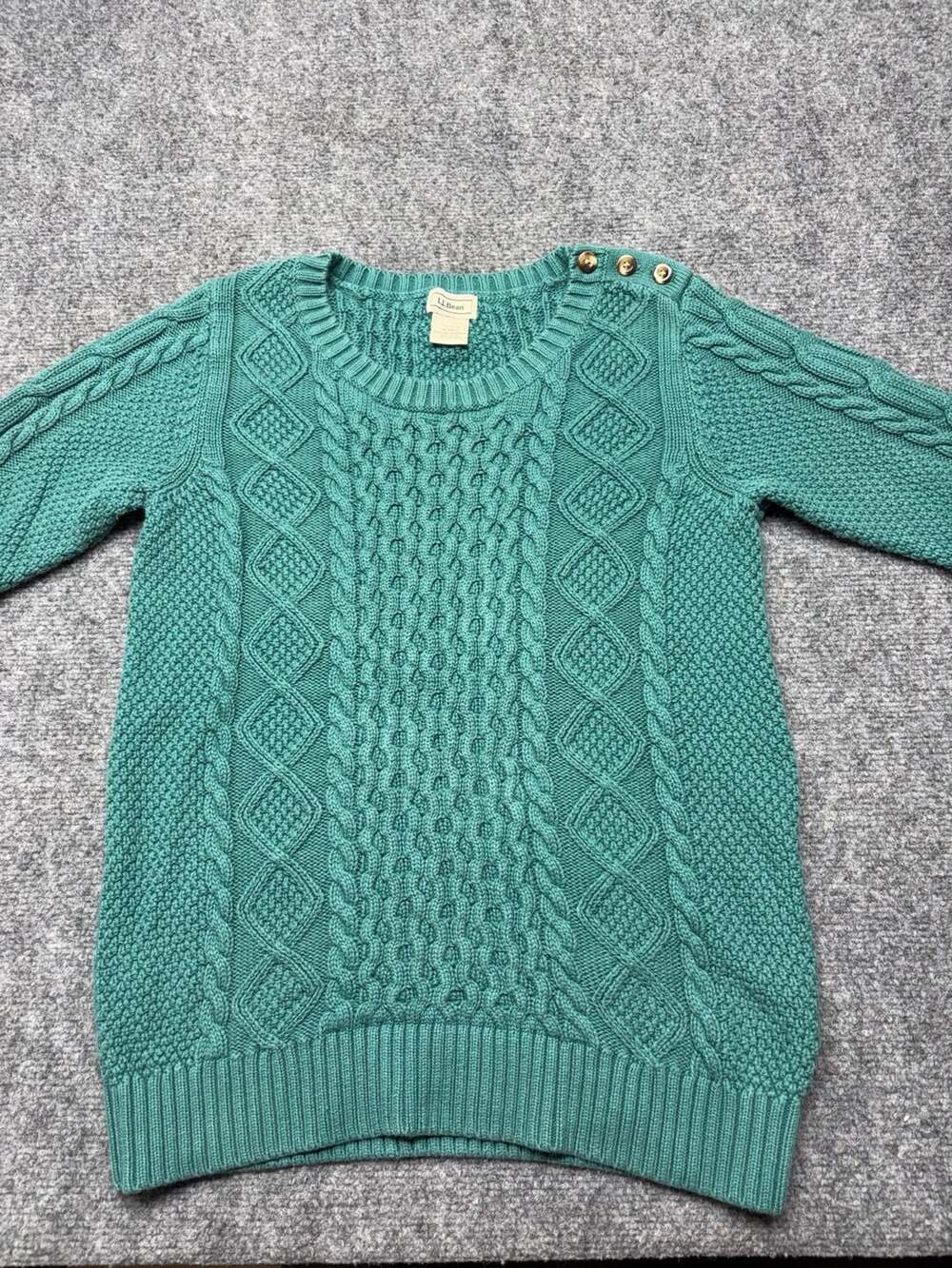 L.L. Bean Women's Green Teal Cable Knit Cotton Crew Neck button Sweater Size M-R